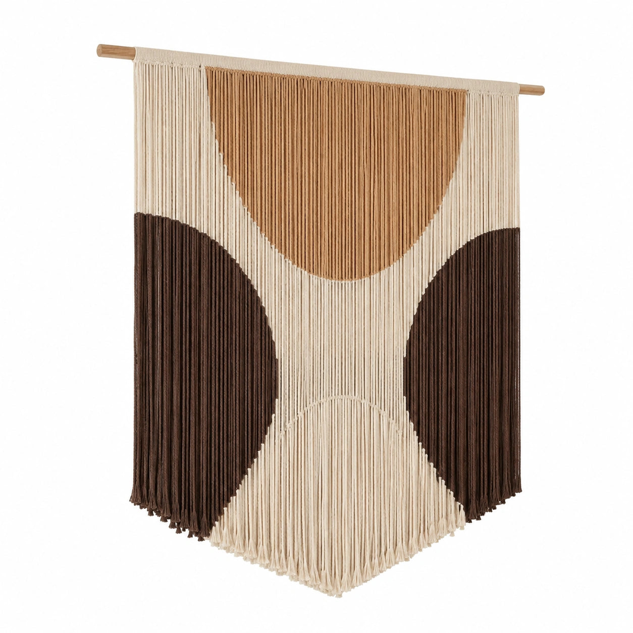 Makramee Wandbehang 70 x 100 cm aus Baumwolle in Beige Braun mit Holzstab im Boho Stil