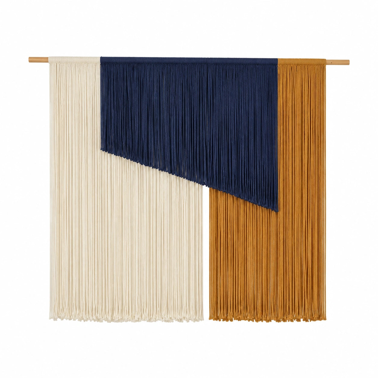 Makramee Wandteppich 100 x 90 cm aus Baumwollkordel in Creme Dunkelblau Senfgelb mit Holzstab