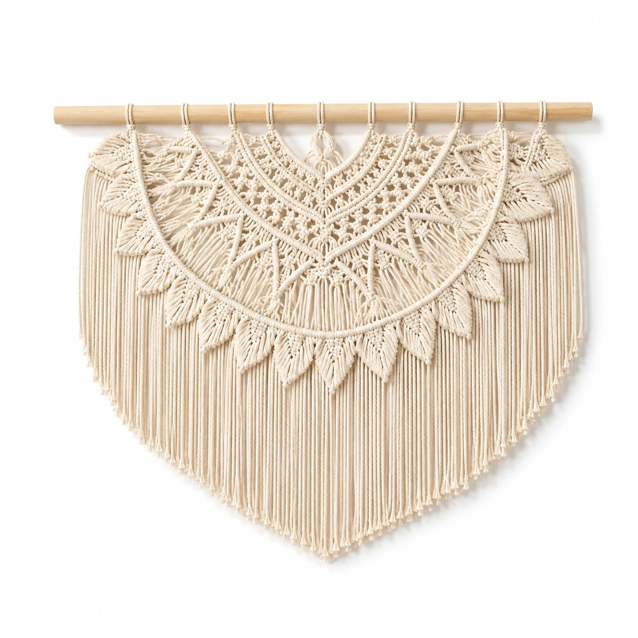Makramee Wandbehang 90 x 100 cm Baumwolle Natur mit Holzstab im Boho Stil