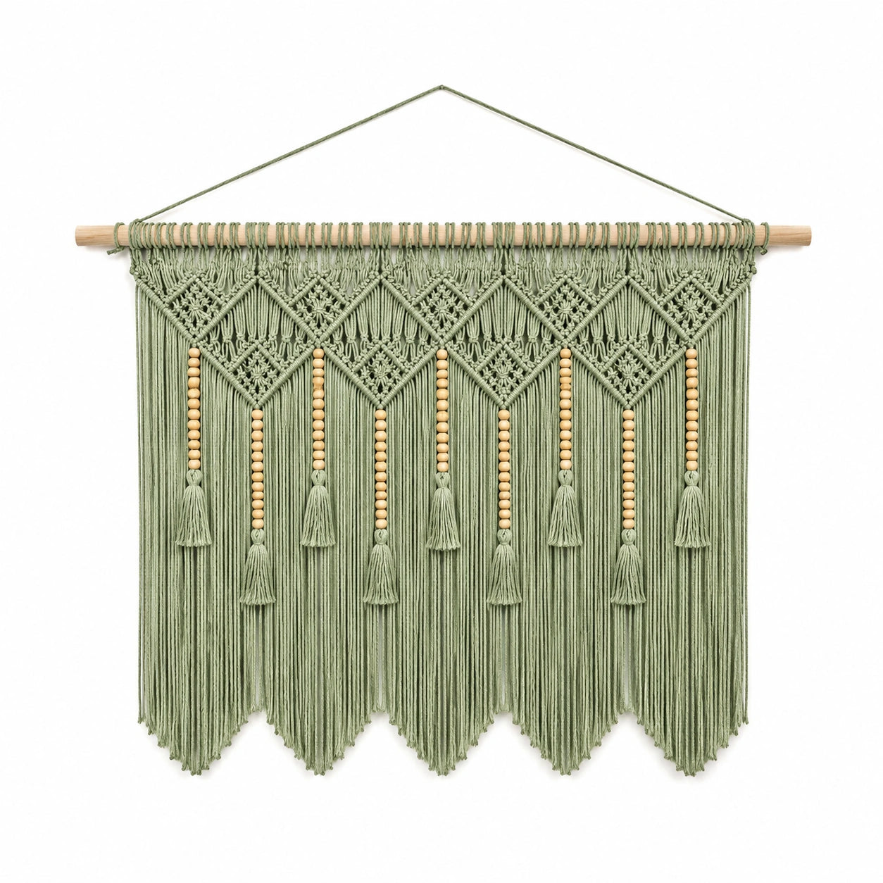 Makramee Wandbehang 80 x 100 cm Baumwolle Salbeigrün mit Holzperlen Boho Dekoration