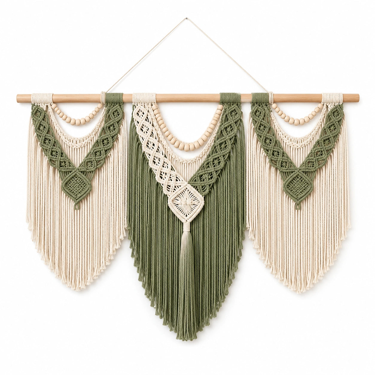 Makramee Wandteppich 120 cm Baumwollkordel Grün Creme Boho Wanddekoration