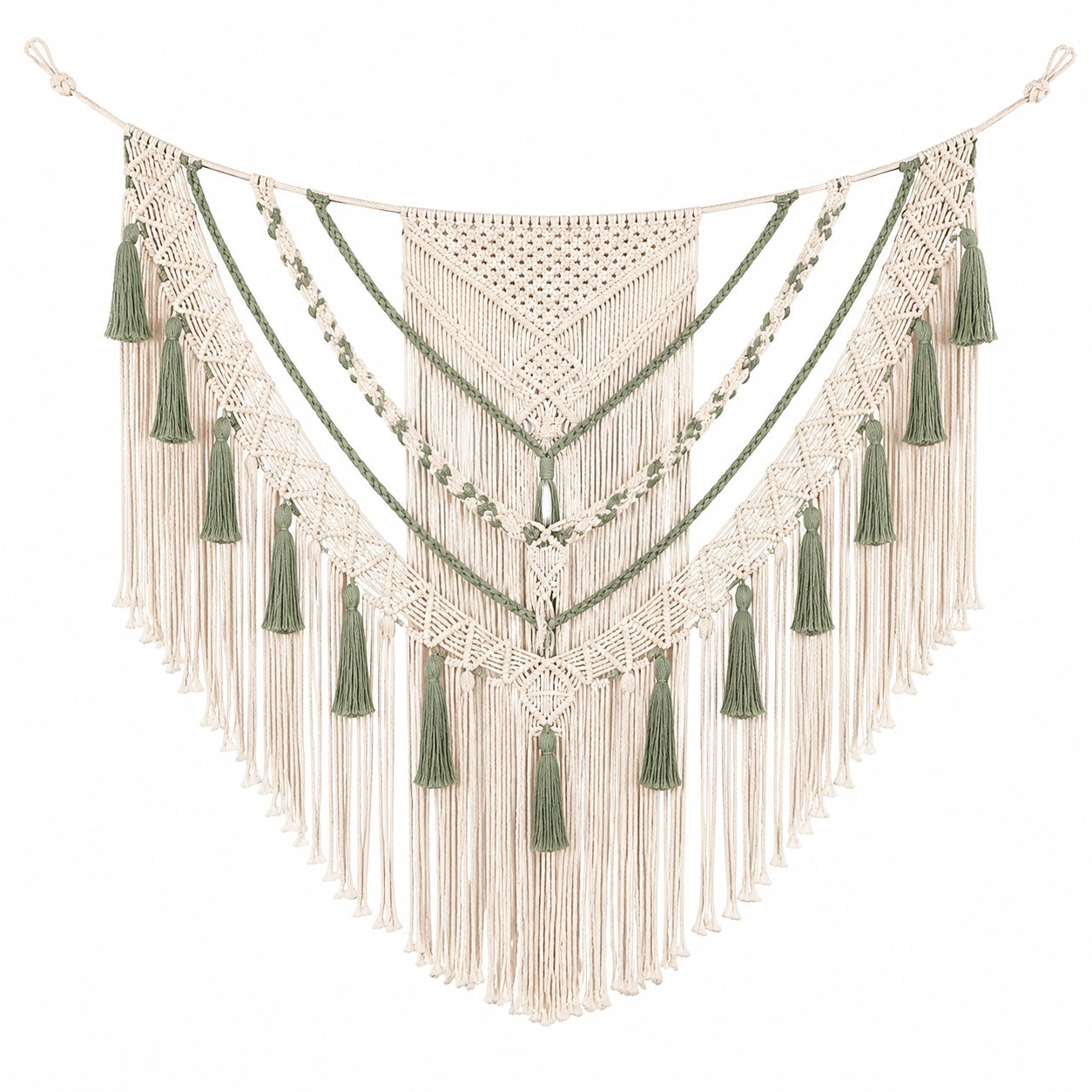 Makramee Wandteppich 100 x 100 cm Baumwolle Beige Grün Boho mit Fransen