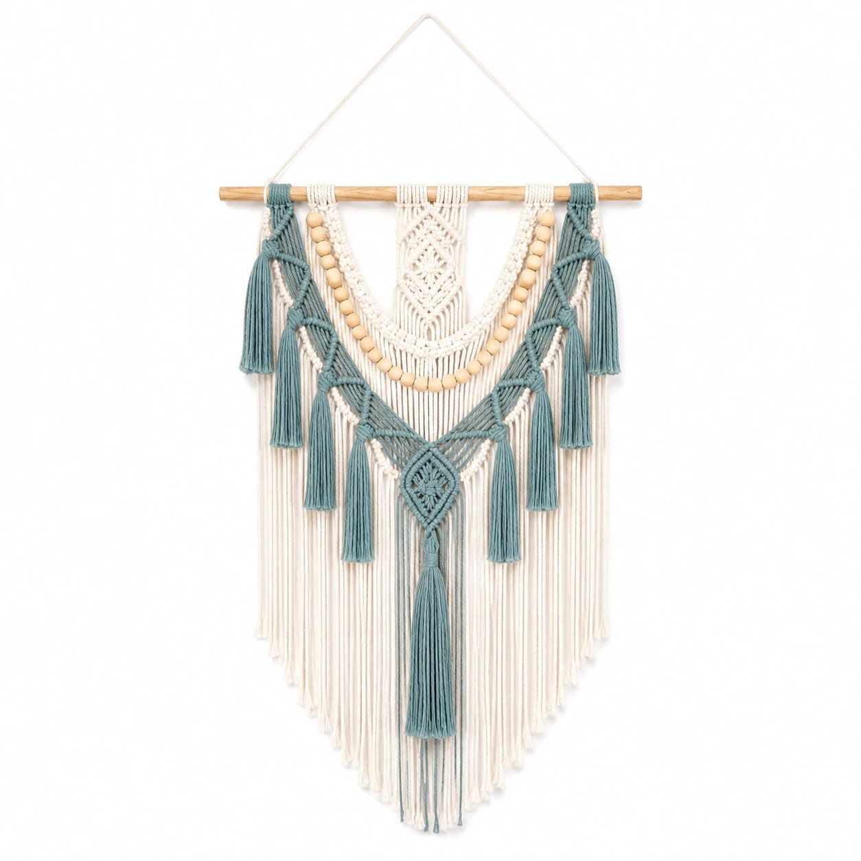 Makramee Wandbehang 60 x 100 cm aus Baumwolle in Cremeblau mit Holzstab Boho-Dekoration