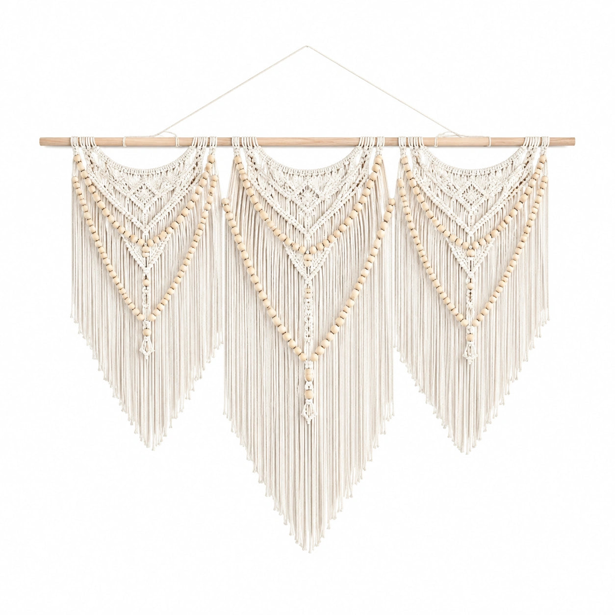 Makramee Wandbehang 110 x 105 cm Baumwolle Creme mit Holzstab und Fransen im Boho Stil