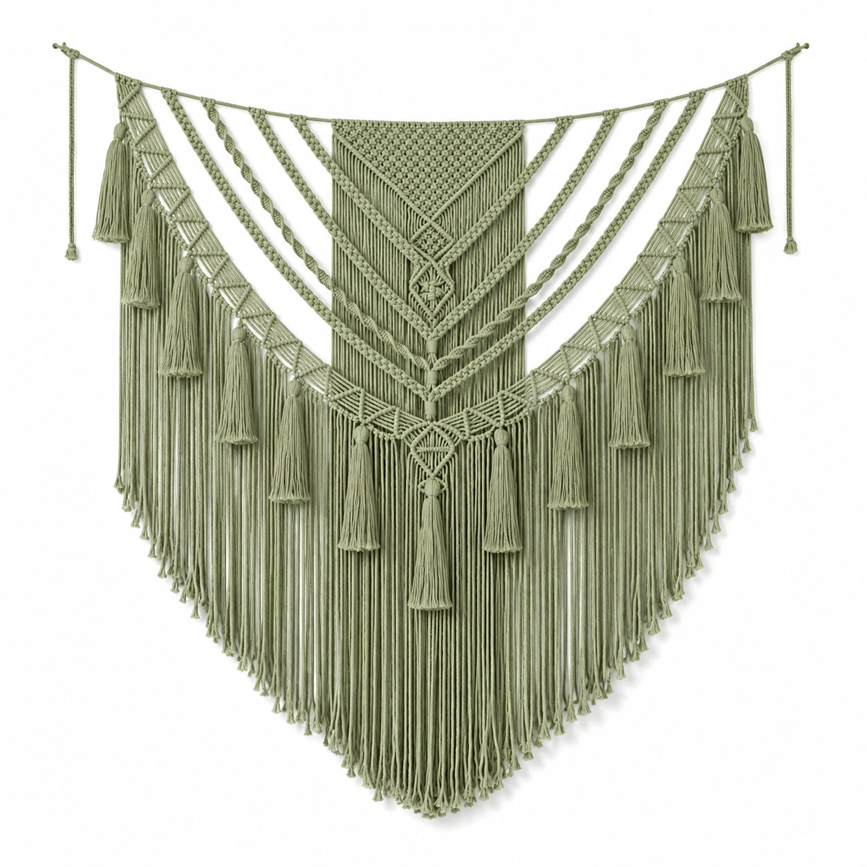 Makramee Wandteppich 120 x 130 cm aus Baumwolle Salbeigrün mit Fransen im Boho-Stil