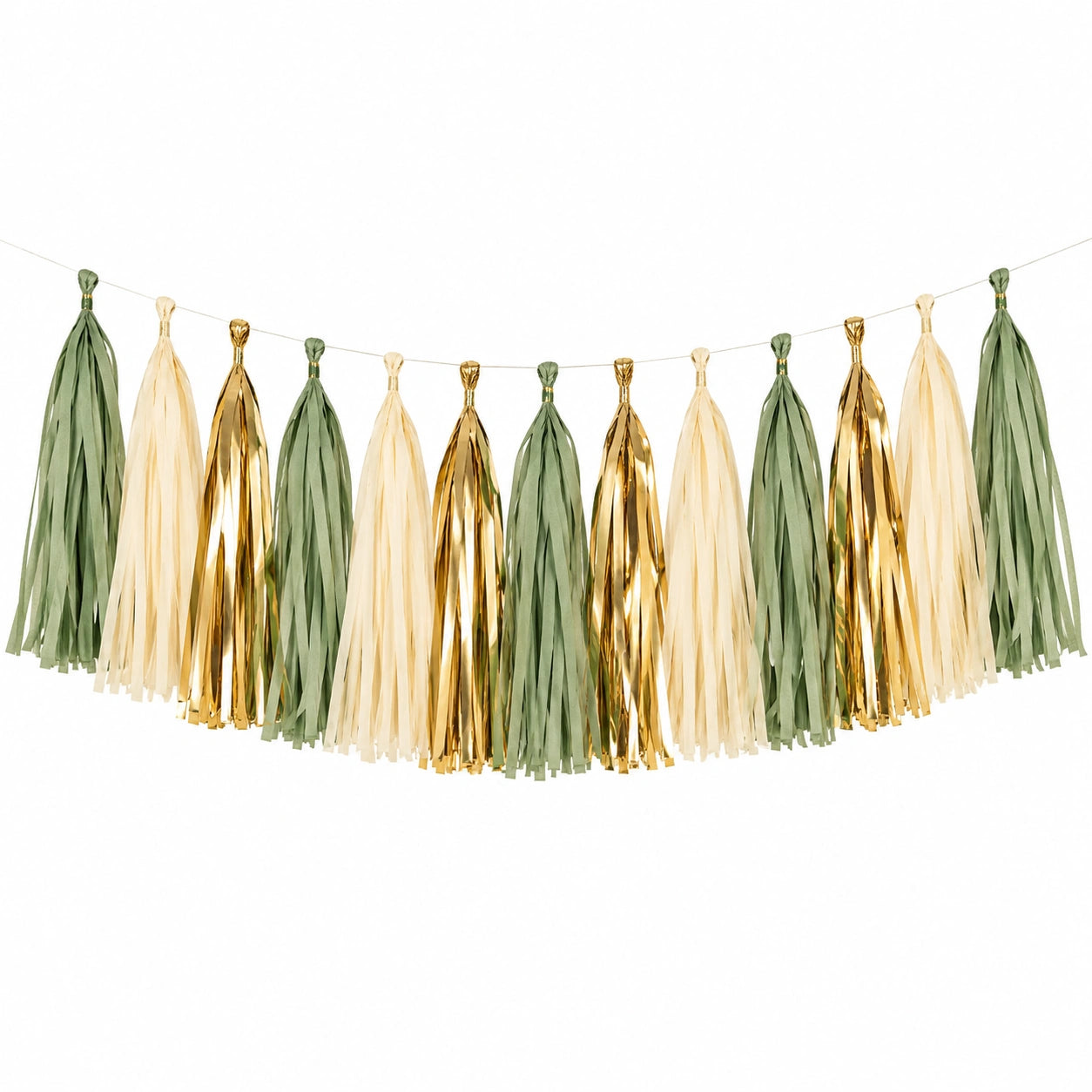 Quastengirlande 300 cm x 45 cm aus Papier und Folie Grün Creme Gold für Partydekoration