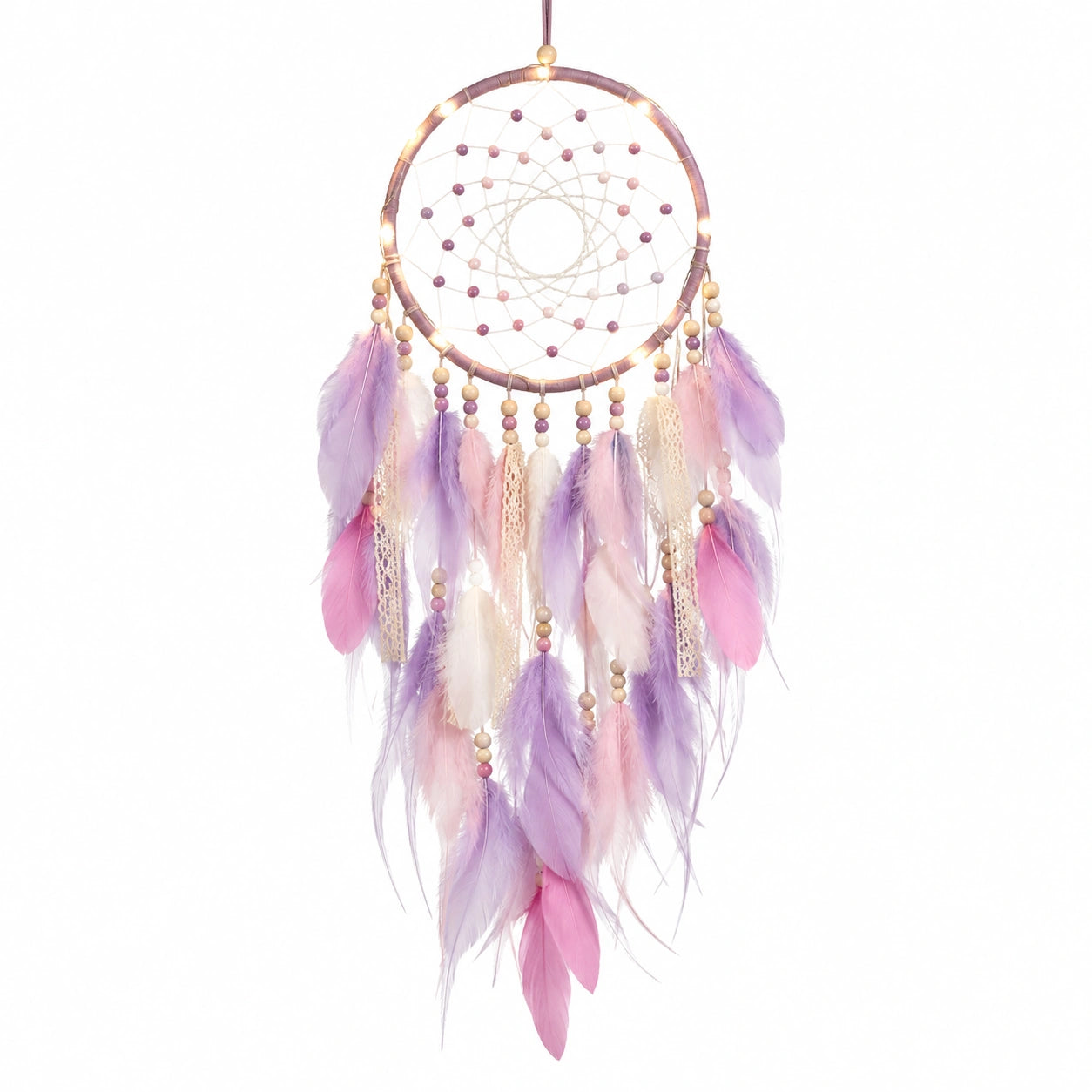 Traumfänger 20 x 60 cm aus Garn Federn und Holzperlen in Rosa Lila Boho Wanddekoration