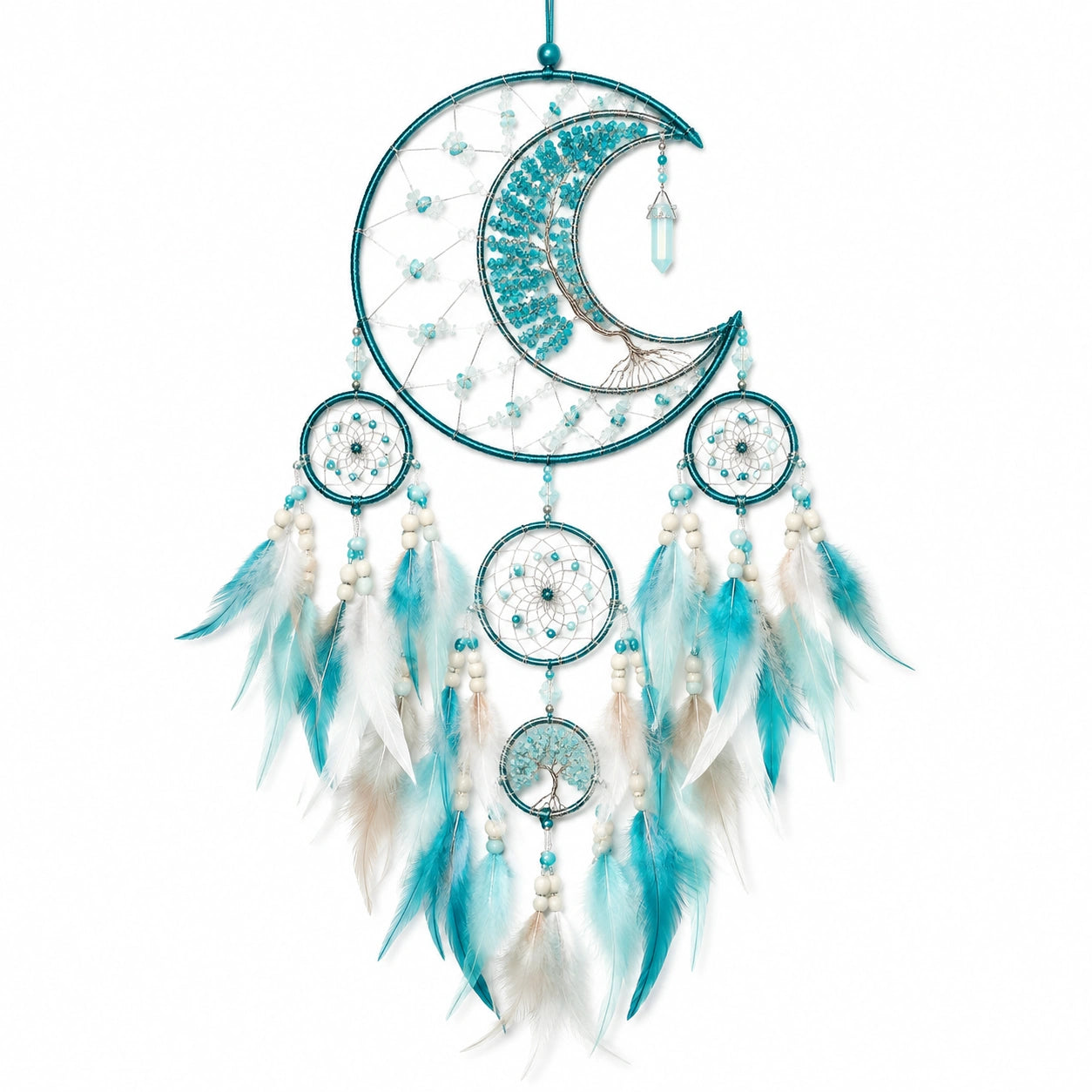 Traumfänger Mond 35 x 80 cm Metall Garn Federn Türkis Weiß Boho Wanddekoration