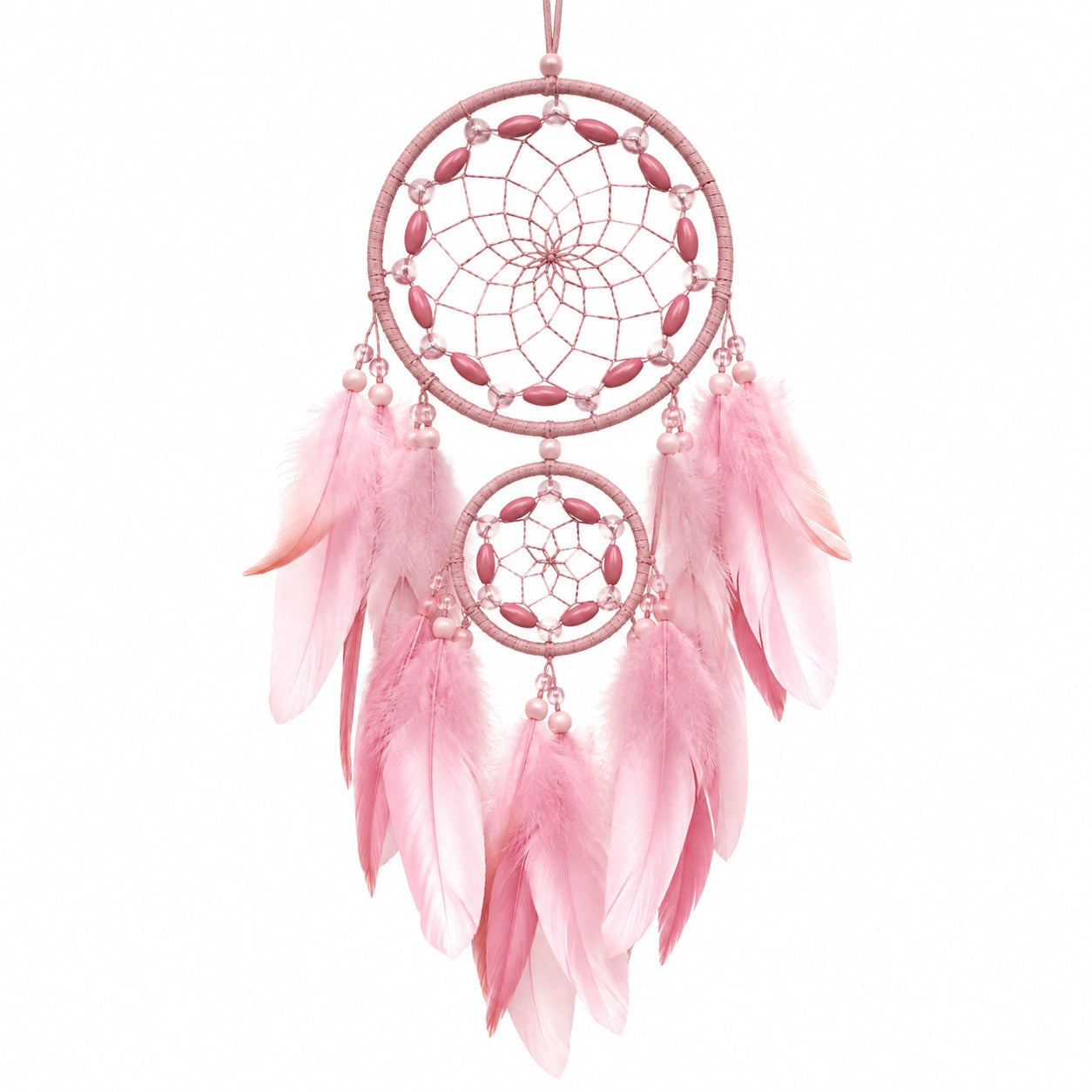 Traumfänger 25 x 70 cm aus Garn und Federn Rosa zum Aufhängen im Boho Stil