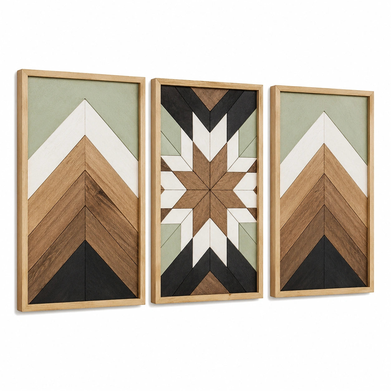 Wandbilder Set 3-teilig 40 x 80 cm Holz Naturgrün geometrisches Muster