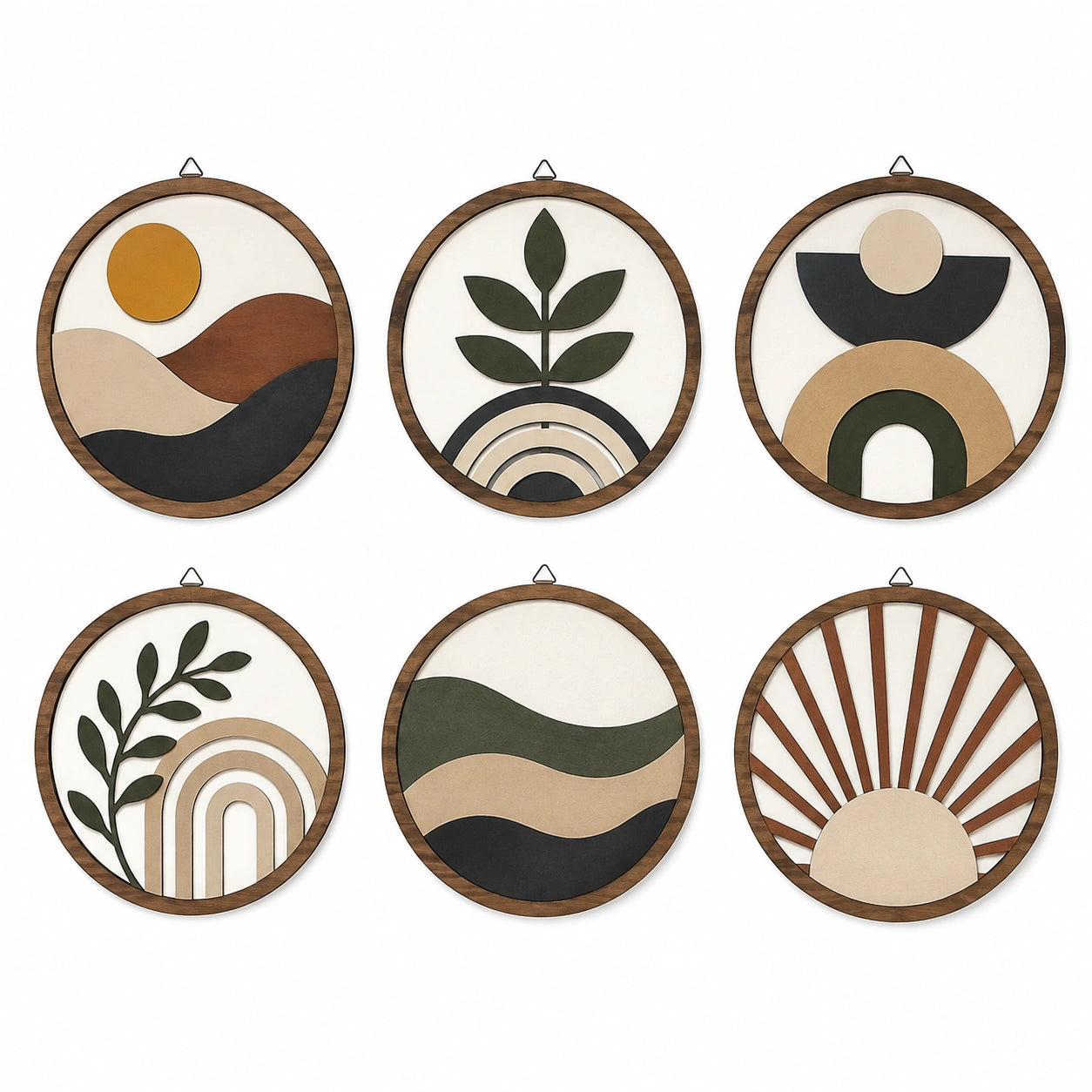 Runde Wanddekoration 6er Set 30 cm Holz mehrfarbig mit Naturmotiven
