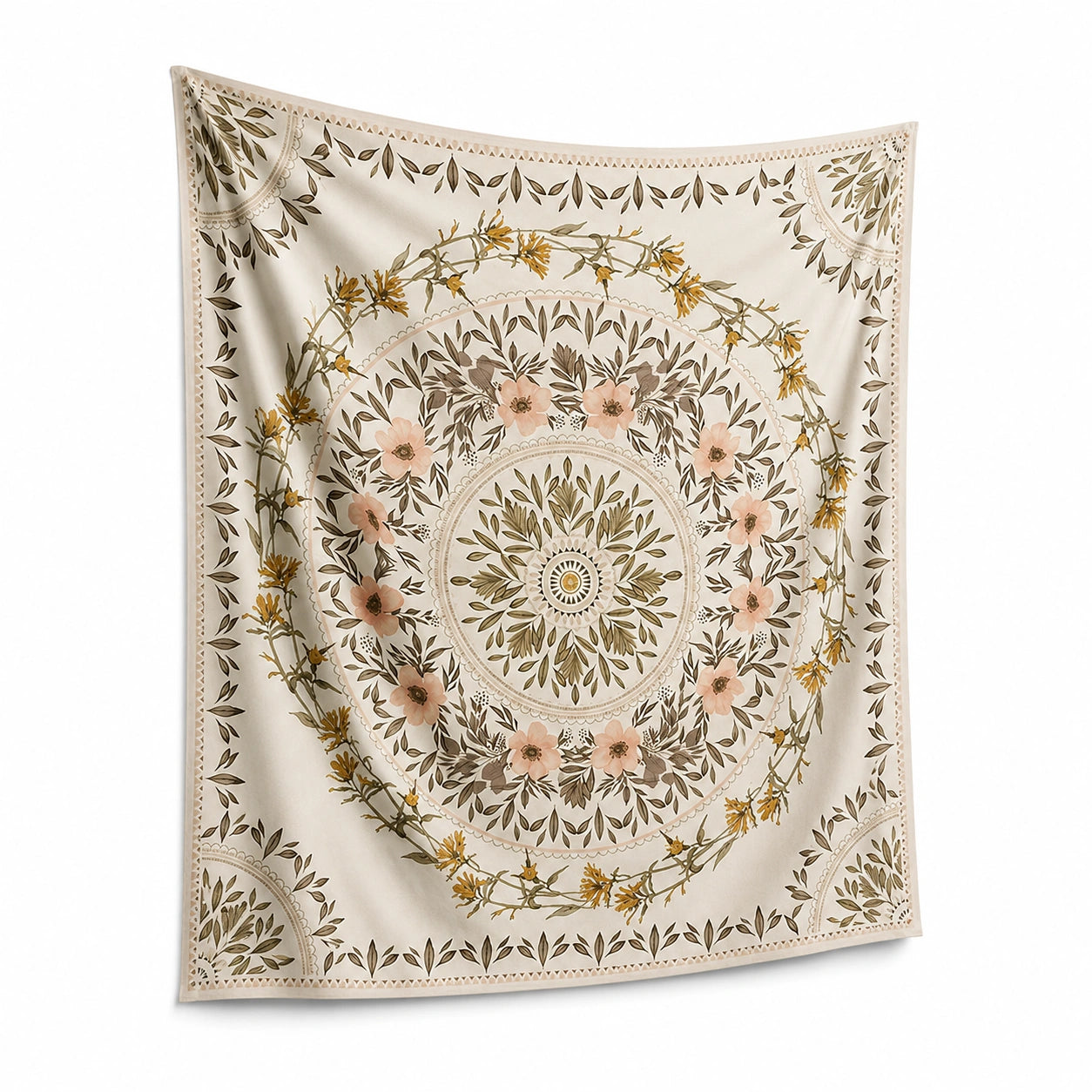 Wandteppich 150 x 130 cm Polyester Creme Grün Rosa mit Blumenmotiv im Boho-Stil