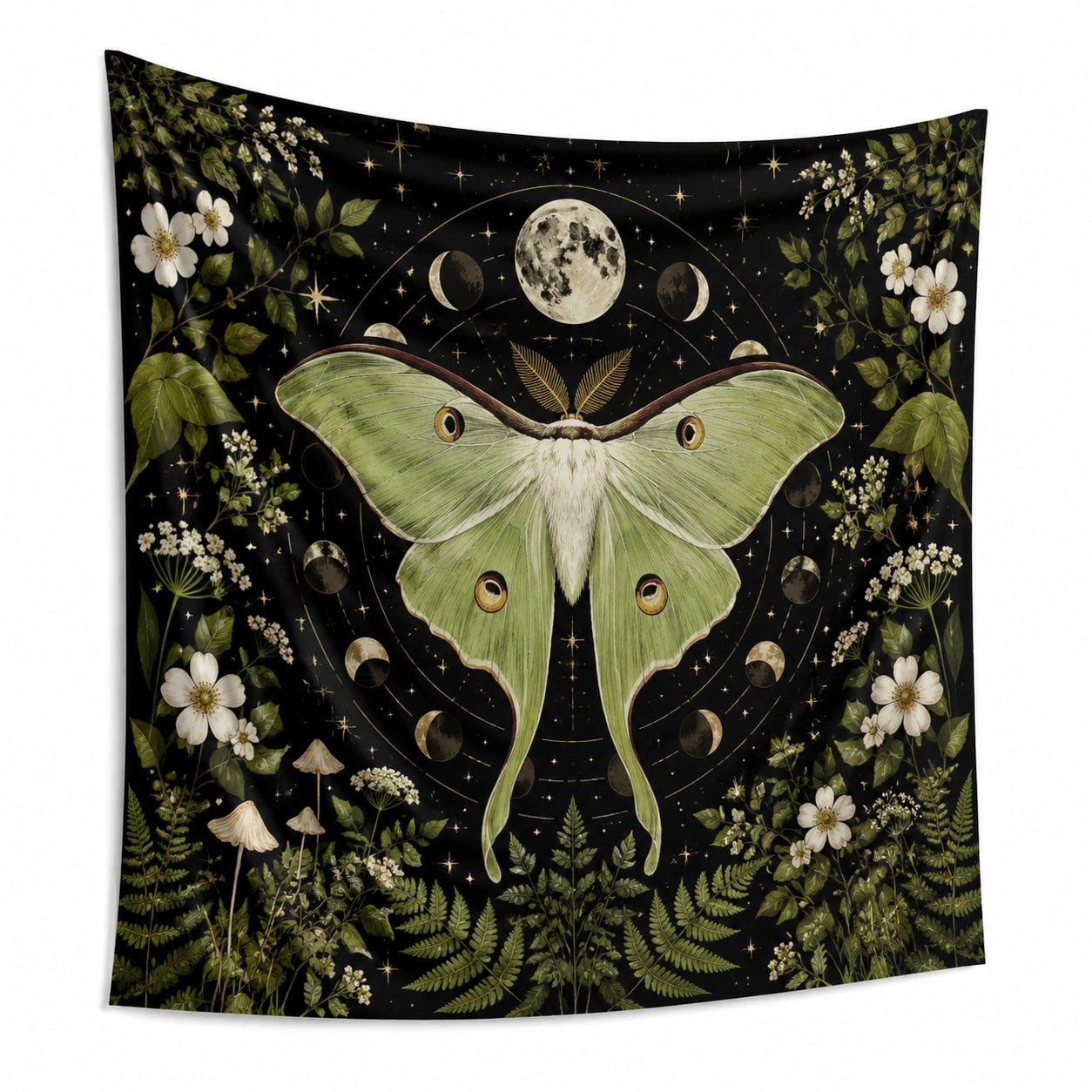 Wandteppich 150 x 130 cm aus Polyester in Schwarz Grün mit Nachtfaltermotiv zur Wanddekoration