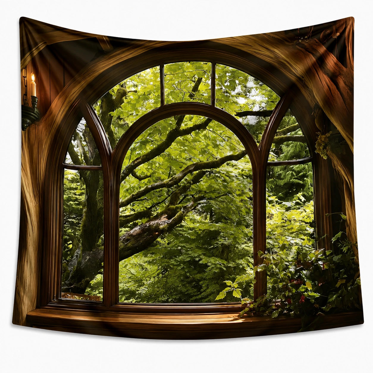 Wandteppich 150 x 130 cm Polyester Braun Grün Fenster Waldmotiv Dekorativ