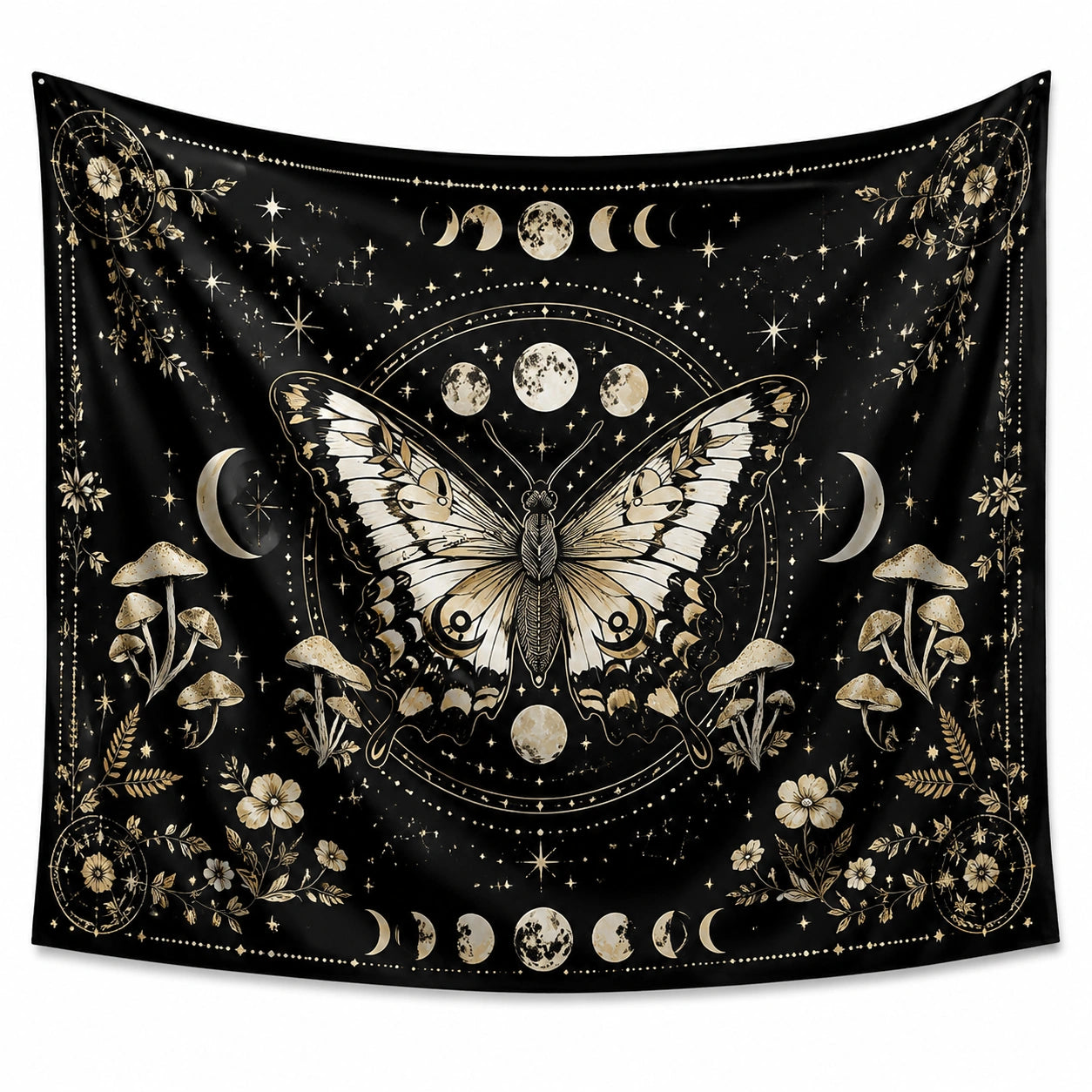 Wandteppich 150 x 130 cm aus Polyester Schwarz Beige mit Schmetterling Mondphasen Sternenmotiv