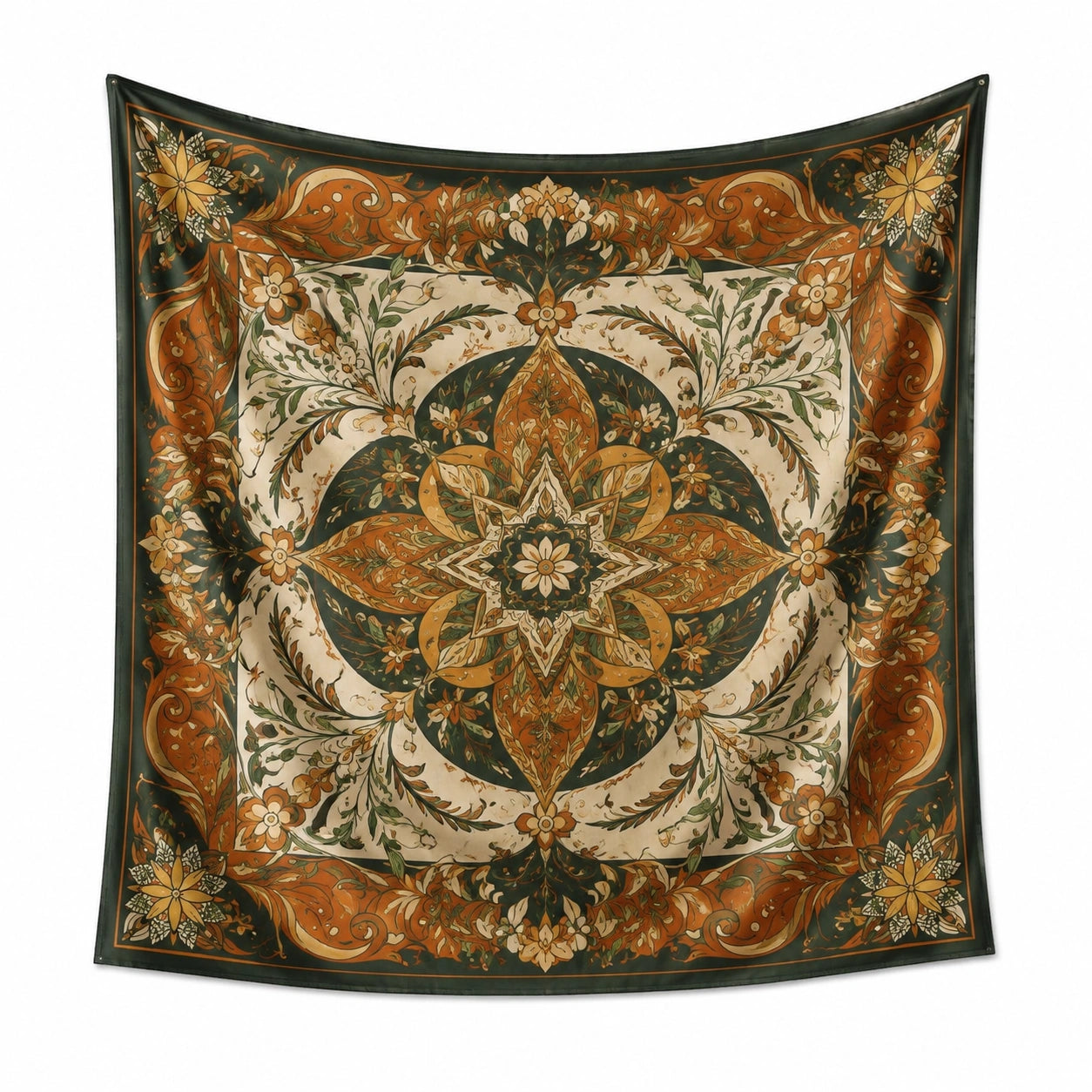 Wandteppich 150 x 150 cm aus Textilgewebe Grün Creme Braun mit floralem Muster